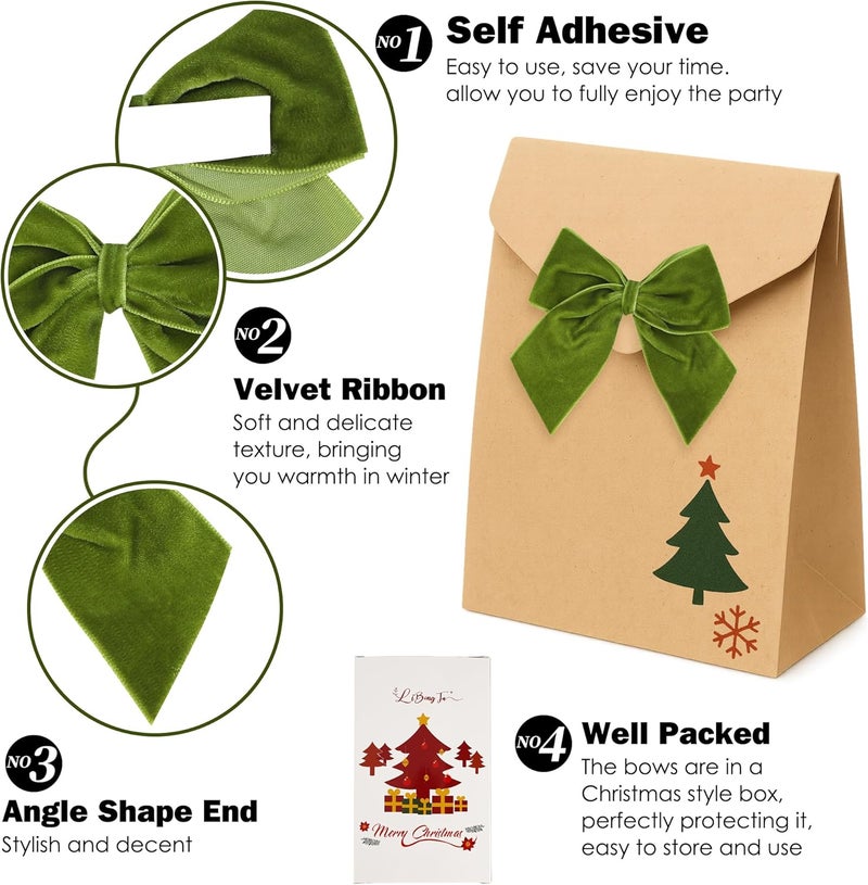 LiBongTa 3.5" Moss Green Bows Velvet Ribbon Bow with Self Adhesive, Small Gift Bows Decor, Light Green Christmas Bows for Treat Bag, Candy Pop, Basket, Party Favor, Craft Bow for Gift Wrapping-24 PCs - Image 3